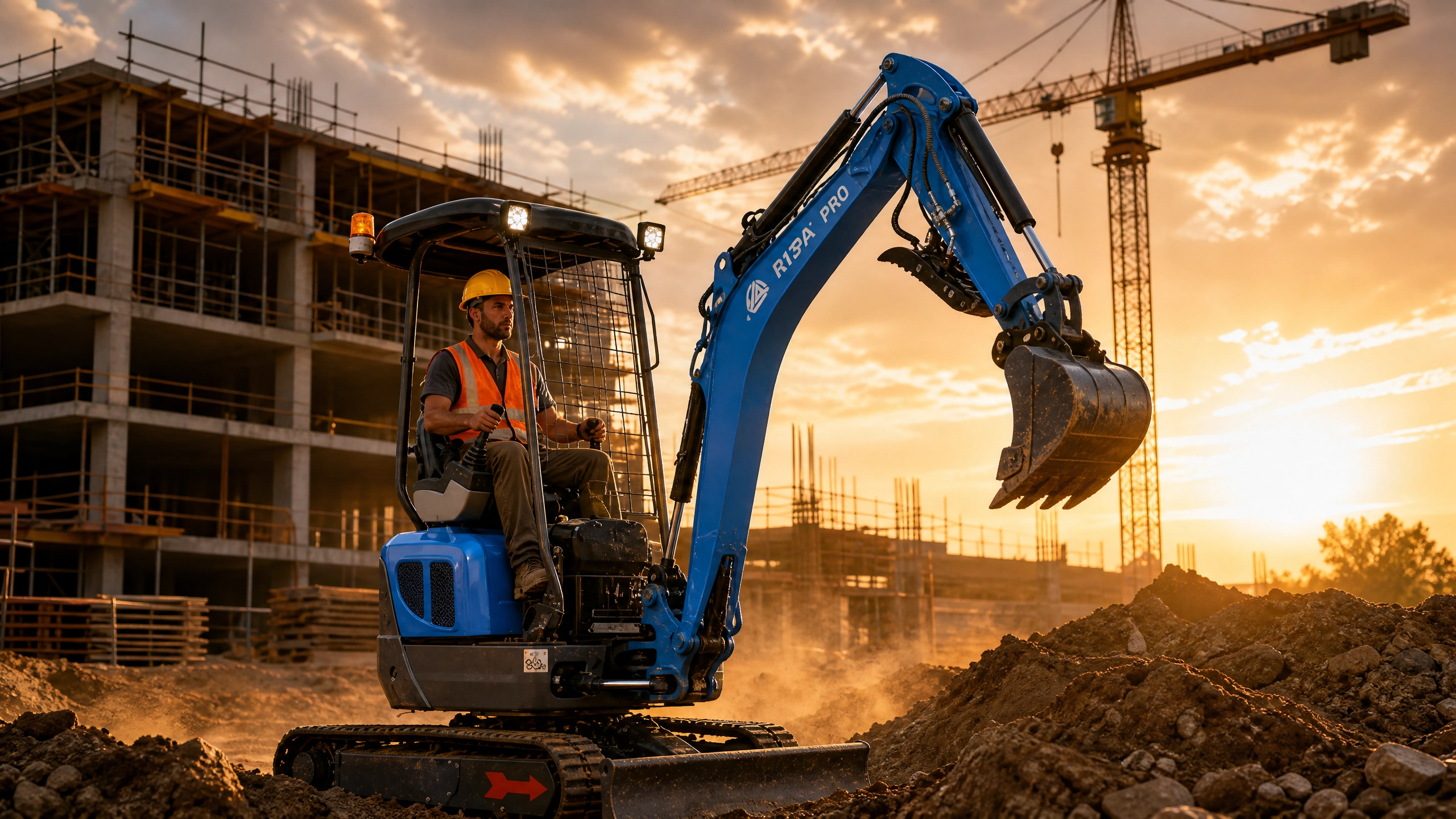 Preparazione area di scavo con mini escavatore in cantiere